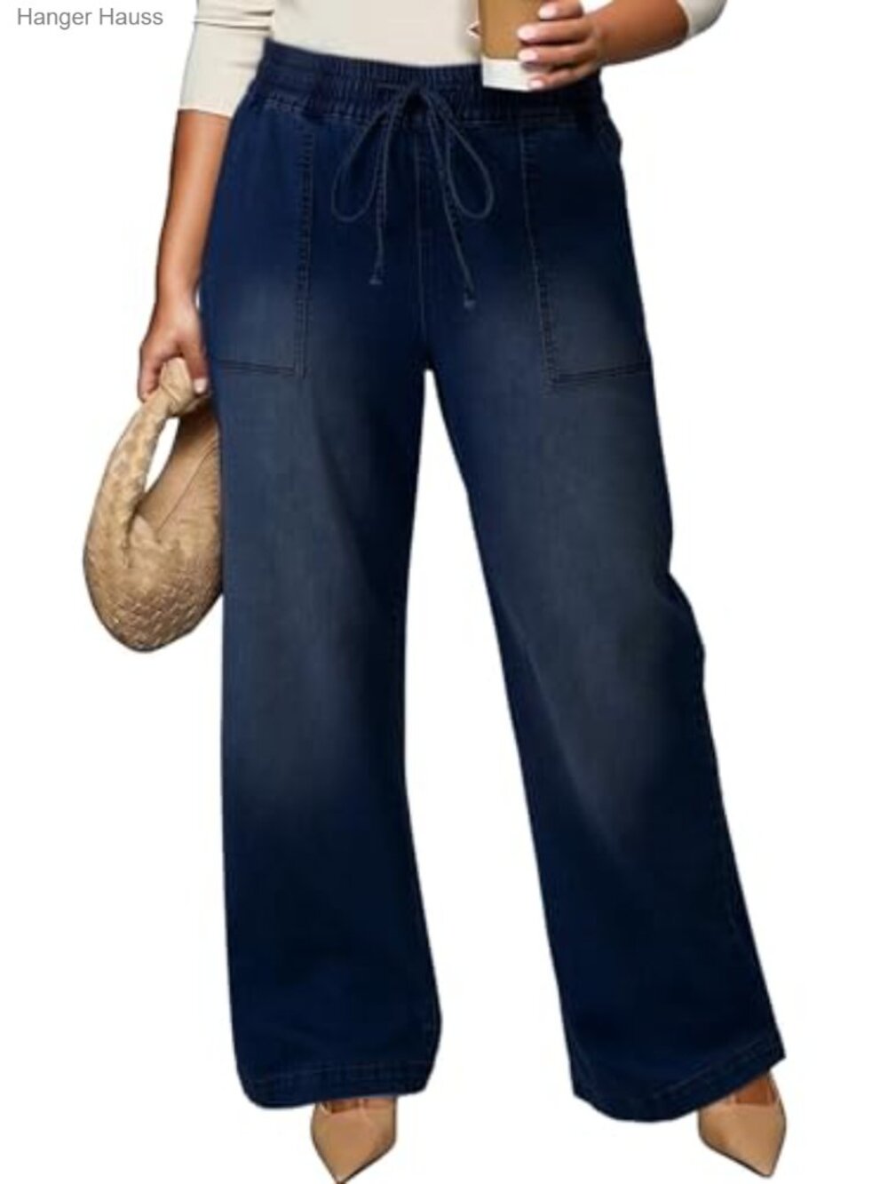 Plus Size High Waisted Straight Leg Wide Leg Jeans Stretchy Drawstring Denim